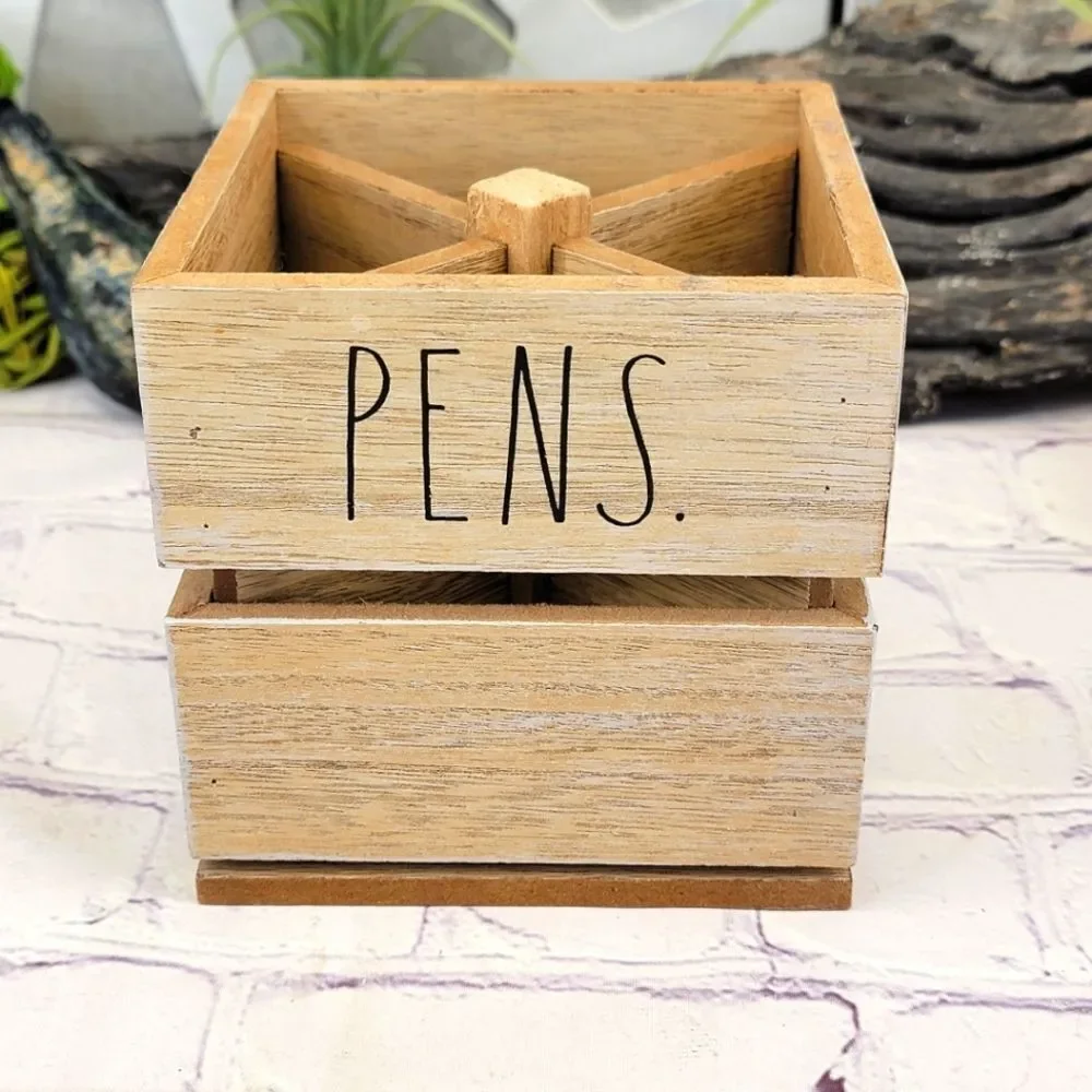 Rae Dunn PENS PENCILS Cup Spinning Wooden Holder
